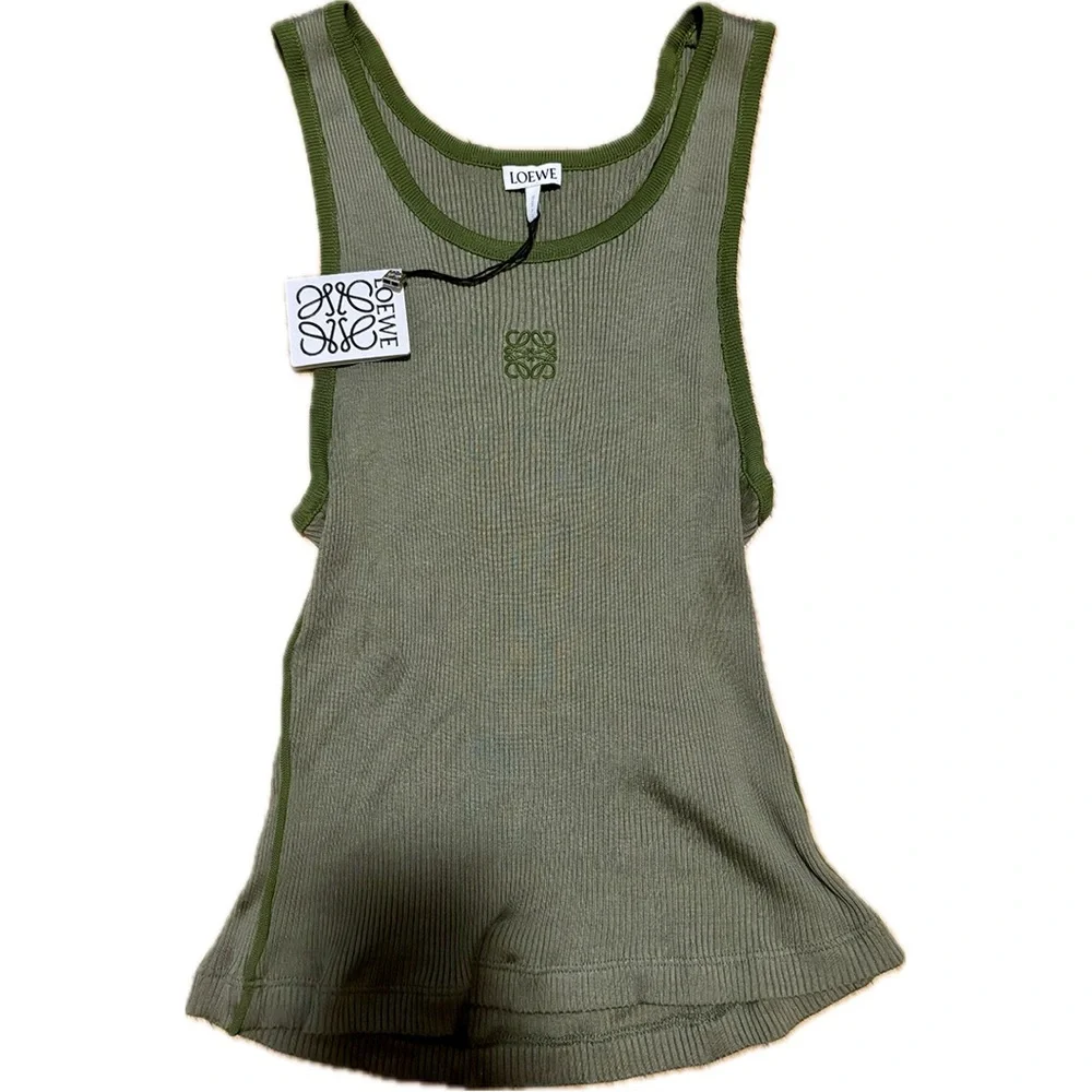 SOLD NWT LOEWE Anagram Tank Top Ribbed Military Green Size Large 100% silk $690 - Picture 2 of 10